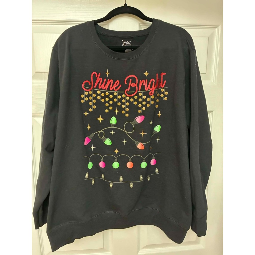 Just My Size JMS Women's 5X Black Christmas Sweatshirt Shine Bright Lights